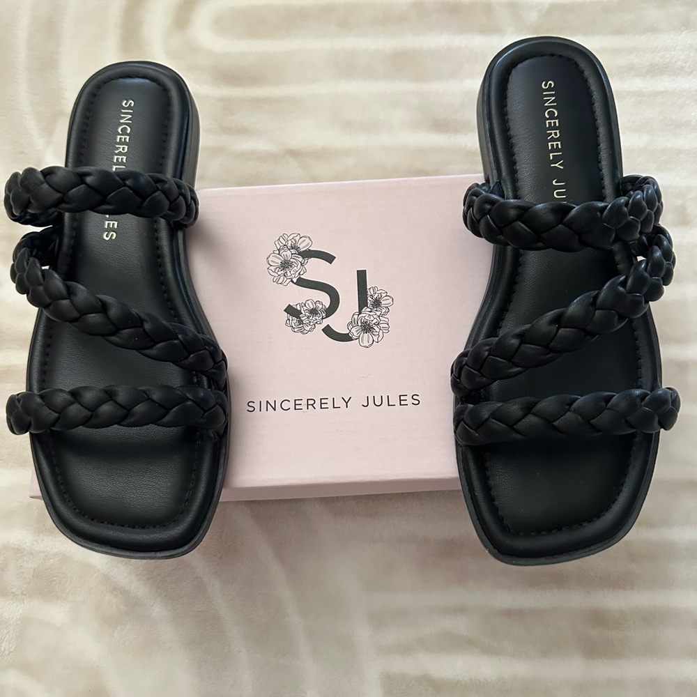 Sincerely Jules Black Braided Triple-Strap Slide Sandals